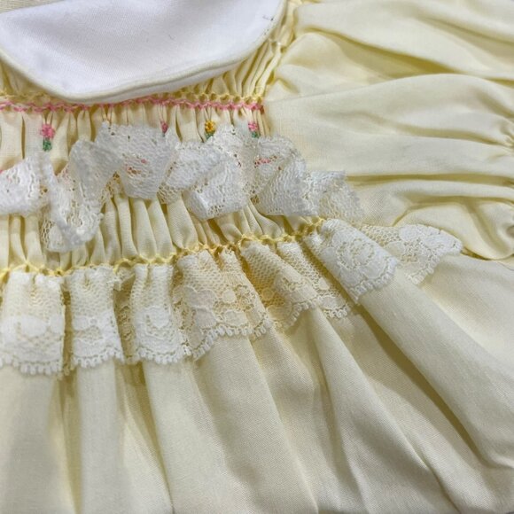 Polly Flinders Vintage Baby Dress Yellow White Lace Trim & Smocking 6-12 Months - Picture 8 of 8